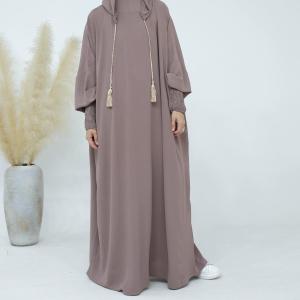 2026 Latest Coming Pure Color Middle East Dubai Hot Sale Long Elastic Cuff Muslim Women Abaya Dress With Drawstring Hoodie