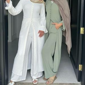 Crepe Modest Muslim 2 Piece Abaya Set Daily Wear Islamic Clothing Women Abaya Pants Set