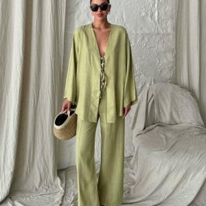 Boutique Wholesale Spring New Fashion Lace up Long Sleeve Shirt Loose Casual Pants Women's Set