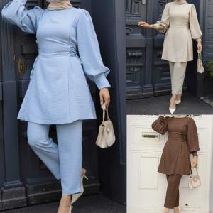 Middle East Arabic Women Solid Color Top and Pant Muslim Modest Adjustable Long Sleeves Casual Suit