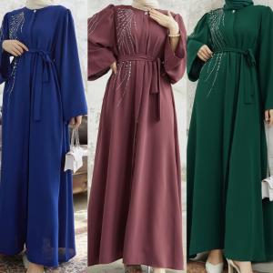 In-stock Turkish Women's Clothing Beaded Rhinestone Cardigan Robe Bell-sleeve Long Dress