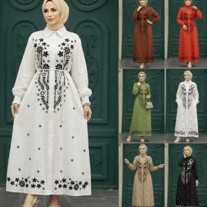 Vintage Islamic Long Dress Floral Embroidery Hem Tassel Belted Pockets Abaya Turkey Kaftan Loose Fit Modest Wear