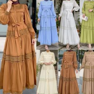 In Stock Women's Long Sleeved Long Skirt with Lace Hollow Stand up Collar Dress