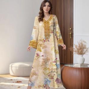 Wholesale New Ladies Fashion Muslim Robe Loose V-neck Long Sleeve Printed Dress