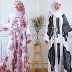 New Hot Selling Print Long Dress Pleated Lantern Sleeves Loose Casual Robe Long Dress