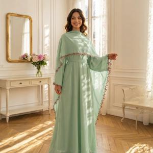 Arabic Jalabiya Set with Hijab Muslim Women Dubai Modest Abaya Dress Islamic Party Wear