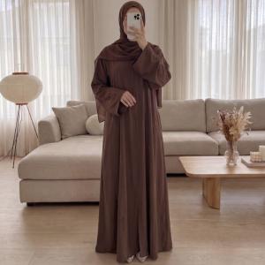 Solid Color Linen Blend Fabric v Neck Button Closure Crystal Decoration Classic Dubai Normal Abaya