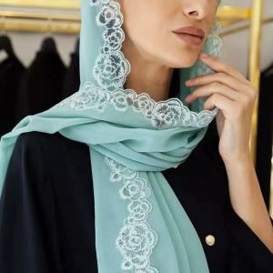 Muslim Ladies Head Scarf, Pearl Chiffon Scarf with Lace Trim, Woman Hijab 