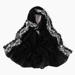 Muslim Chiffon Flowers Floral Embroidery Hijab, Solid Color Pearl Chiffon Hijab,