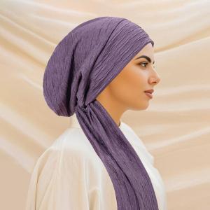 Plain Solid Color Stretch Turban Muslim Hijab Hat Wrap Fashion Women's Pullover Breathable Polyester Long Tail Hat