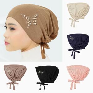 New Solid Color Elastic Hijab Cap with Rope Pearl Butterfly Embellishment Women's Muslim Hats Head Wear
