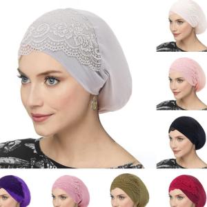 Wide Edge Polyester Solid Color Headscarf Cap Women Lace Soft Turban Hat Bonnet
