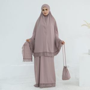 Islamic Muslim Women Nida Prayer Clothes Washable Dress Abaya Robe Lace Khimar Hijab Skirt Storage Bag Prayer Mat 4-Piece Suit