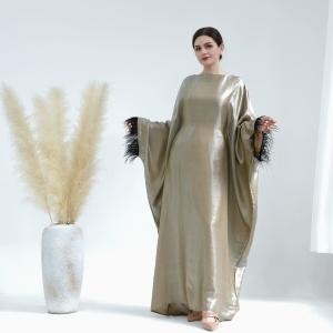 Traditional Muslim Dress with Fur Sleeves for Amazon AliExpress Dubai Party Robe