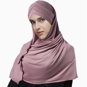  Muslim Lady Solid Color Double Cross Head Headscarf Instant Cotton Jersey Hijab
