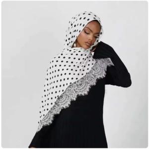 Hot Selling in Stock Lace Trim Modal Hijab Polka Dot Hijab Muslim Women Headscarf Classic Lace Trim Hijab