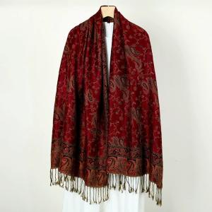 High Quality Women's Double Sided Shawl Embroidery Paisley Cashew Pashmina Scarf with Tassel 