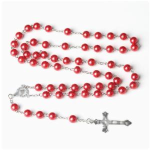 8mm Multiple Colorful Catholic Rosary Jewelry Wholesale Religious Rosary Beads Artificial Pearl Cross Necklace