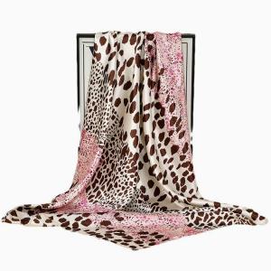 Woman Headscarf Leopard Print Color Blocked 90cm Satin Square Scarf Silk Feeling Scarf Head Scarf for Women