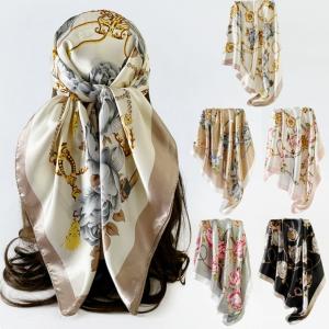 Womens Elegant Floral Print Satin Silk Square Scarf Fashion Headband Neck Wrap