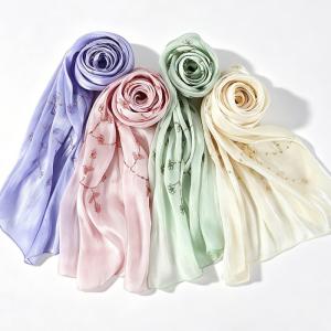 Island Satin Smooth Crepe Solid Color Shiny Silk Scarves, Embroidered Sequined Scarves