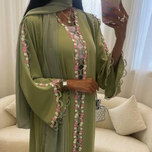 Fashion Arabian Dubai Middle Eastern Flower Embroidery Cardigan Abaya